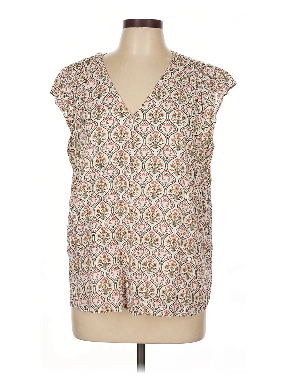 LOFT Cream Floral-Print V-Neck Cap Sleeve Top